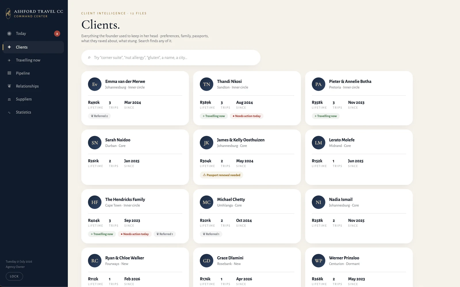 Client intelligence screen, populated with sample data